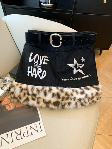 Real-shot ~ American-style edgy leopard-print fur-embellished low-rise skirt for women, perfect for autumn and winter—Millennial-style bodycon design