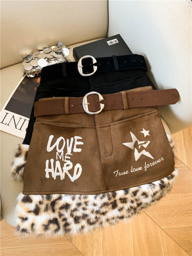Real-shot ~ American-style edgy leopard-print fur-embellished low-rise skirt for women, perfect for autumn and winter—Millennial-style bodycon design
