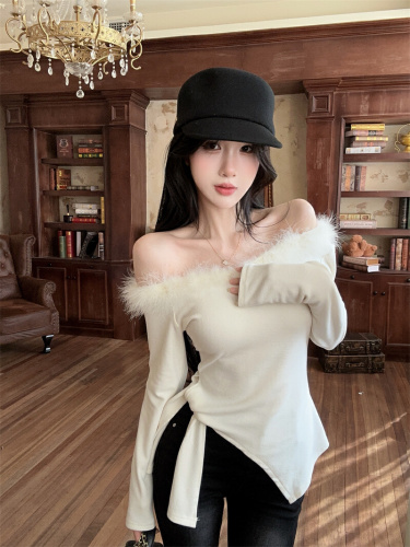 Actual shot~ Pure desire spicy girl one-shoulder fuzzy top women's autumn and winter fur collar slim fit knit inner layer base shirt