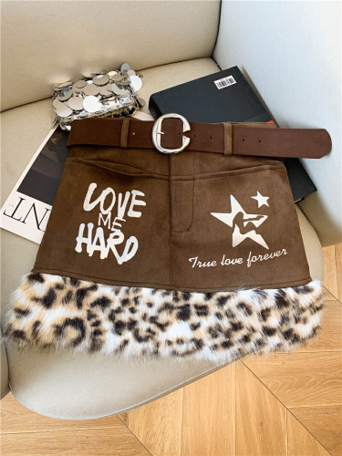 Real-shot ~ American-style edgy leopard-print fur-embellished low-rise skirt for women, perfect for autumn and winter—Millennial-style bodycon design