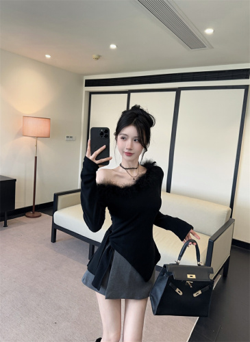 Actual shot~ Pure desire spicy girl one-shoulder fuzzy top women's autumn and winter fur collar slim fit knit inner layer base shirt