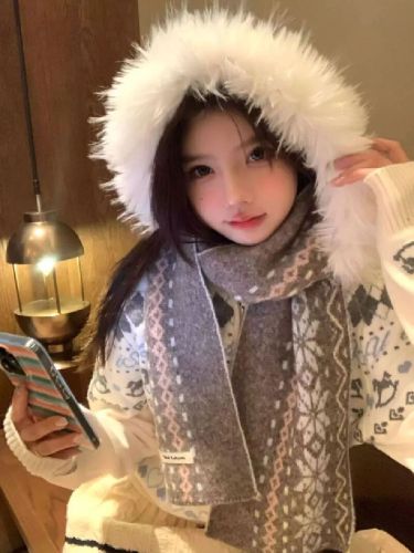 Detachable fur collar Fair Isle fur collar hooded sweater coat for women, autumn lazy style knitted cardigan, slimming top