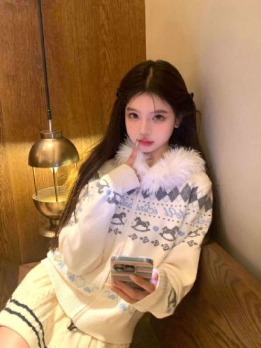 Detachable fur collar Fair Isle fur collar hooded sweater coat for women, autumn lazy style knitted cardigan, slimming top