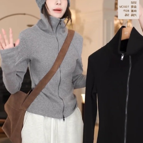 Original Version: 43% Cotton, 34% Polyester, 19% Nylon, 4% Spandex, Double Zipper High Collar Sweatshirt Women's Fashionable and Versatile