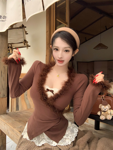 Photographed~ Sweet and Spicy Dream, Pure Desire Style Design Sensory Slimming Knit Top for Autumn Waist-Taking Upper Body