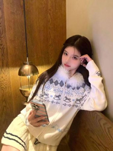 Detachable fur collar Fair Isle fur collar hooded sweater coat for women, autumn lazy style knitted cardigan, slimming top
