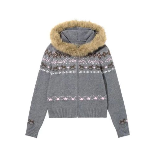 Detachable fur collar Fair Isle fur collar hooded sweater coat for women, autumn lazy style knitted cardigan, slimming top