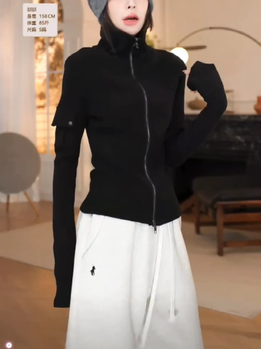 Original Version: 43% Cotton, 34% Polyester, 19% Nylon, 4% Spandex, Double Zipper High Collar Sweatshirt Women's Fashionable and Versatile