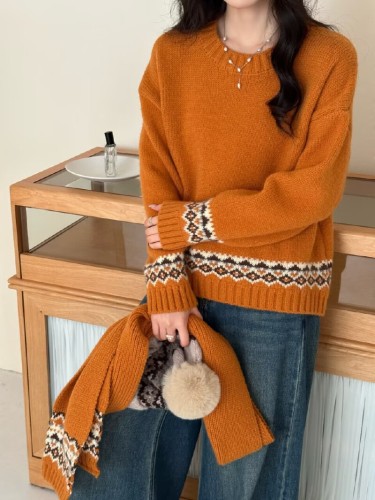 Hand-painted Christmas New Year Red Scarf Sweater Autumn Winter Lazy Style Embroidered Contrast Color Loose Slimming Knit Top