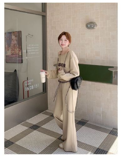 Mamba Cotton Retro Long-Sleeve Cross-Shoulder Print Sweatshirt High-Waist Spliced Striped Wide-Leg Casual Pants Set for Women Autumn