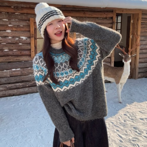 Photographed Fair Isle Retro White and Soft Plaid Sweater for Women, Korean Version, Autumn and Winter Thickenable Versatile Round Neck Turtleneck Top