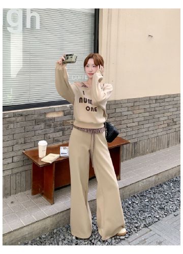 Mamba Cotton Retro Long-Sleeve Cross-Shoulder Print Sweatshirt High-Waist Spliced Striped Wide-Leg Casual Pants Set for Women Autumn