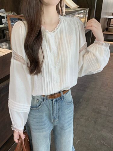 Photographed! French lace trim round neck versatile long sleeve women's elegant temperament beautiful women's shirt