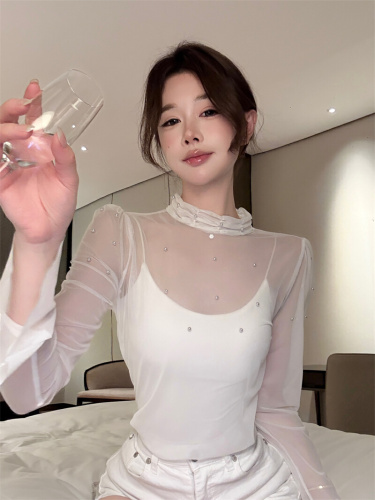 Real-shot ~ Autumn/Winter French-style Semi-Turtleneck, Intricately Embellished Beaded Pullover with Puffed Sleeves—A Loose-Fitting Base Layer Top for Inner Wear