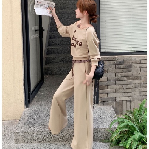 Mamba Cotton Retro Long-Sleeve Cross-Shoulder Print Sweatshirt High-Waist Spliced Striped Wide-Leg Casual Pants Set for Women Autumn