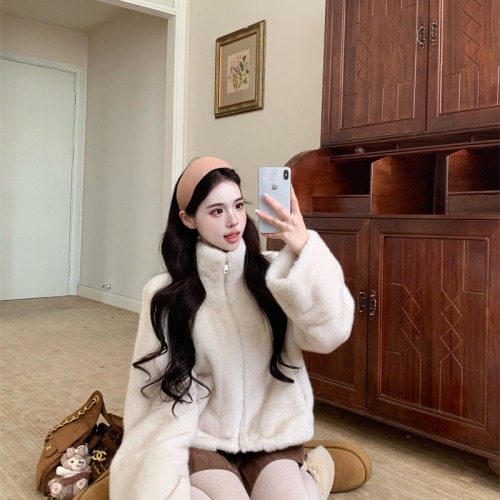 Real-shot ~ 2025 Winter Petite-Figure Faux Fur & Mink Blend Short Chic Fur Coat with Stand Collar