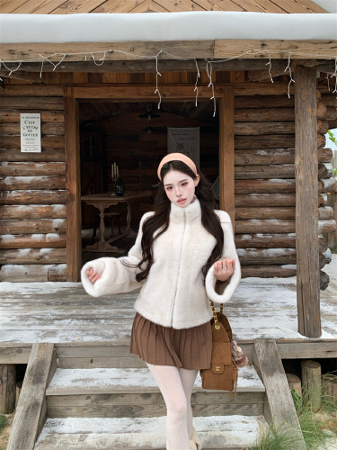 Real-shot ~ 2025 Winter Petite-Figure Faux Fur & Mink Blend Short Chic Fur Coat with Stand Collar