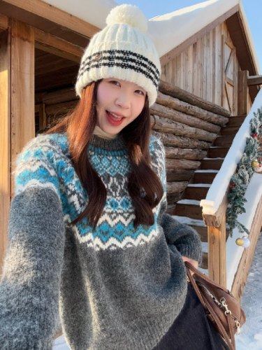 Photographed Fair Isle Retro White and Soft Plaid Sweater for Women, Korean Version, Autumn and Winter Thickenable Versatile Round Neck Turtleneck Top