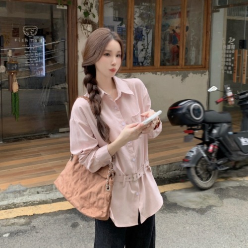 Real-shot! Korean-style Design Sense Waist-Tightening Lapel Shirt for Women—Versatile, Casual, Loose-Fit, and Trendy Long-Sleeve Top for Commuting
