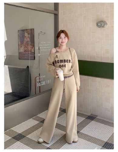 Mamba Cotton Retro Long-Sleeve Cross-Shoulder Print Sweatshirt High-Waist Spliced Striped Wide-Leg Casual Pants Set for Women Autumn