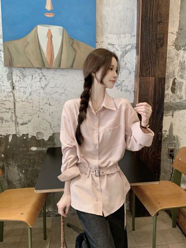 Real-shot! Korean-style Design Sense Waist-Tightening Lapel Shirt for Women—Versatile, Casual, Loose-Fit, and Trendy Long-Sleeve Top for Commuting