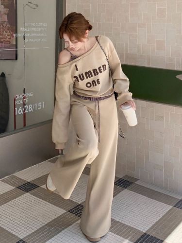 Mamba Cotton Retro Long-Sleeve Cross-Shoulder Print Sweatshirt High-Waist Spliced Striped Wide-Leg Casual Pants Set for Women Autumn