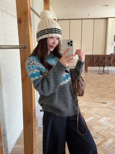 Photographed Fair Isle Retro White and Soft Plaid Sweater for Women, Korean Version, Autumn and Winter Thickenable Versatile Round Neck Turtleneck Top