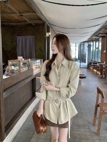 Real-shot! Korean-style Design Sense Waist-Tightening Lapel Shirt for Women—Versatile, Casual, Loose-Fit, and Trendy Long-Sleeve Top for Commuting
