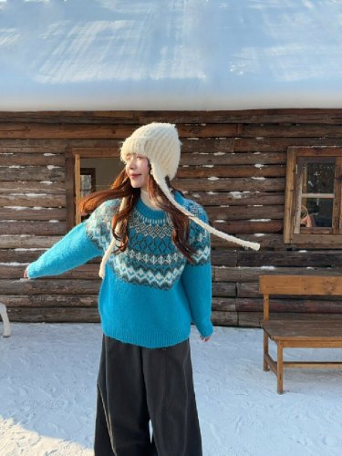 Photographed Fair Isle Retro White and Soft Plaid Sweater for Women, Korean Version, Autumn and Winter Thickenable Versatile Round Neck Turtleneck Top