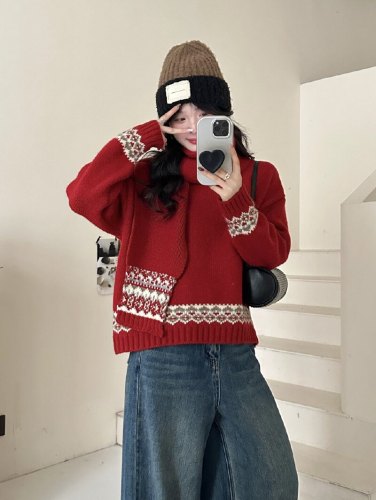 Hand-painted Christmas New Year Red Scarf Sweater Autumn Winter Lazy Style Embroidered Contrast Color Loose Slimming Knit Top
