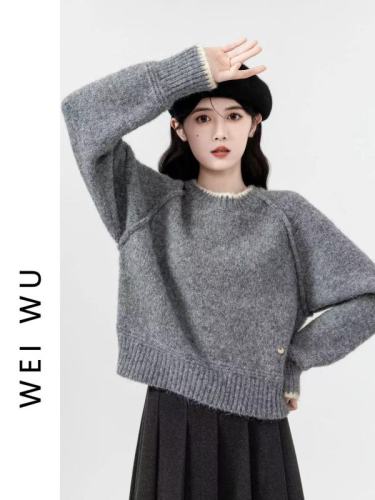 Korean style short gray sweater for women autumn and winter 2025 new lazy style thickened round neck inner sweater top