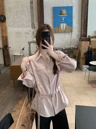 Real-shot! Korean-style Design Sense Waist-Tightening Lapel Shirt for Women—Versatile, Casual, Loose-Fit, and Trendy Long-Sleeve Top for Commuting