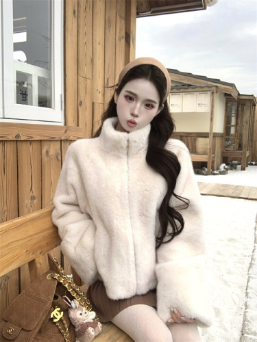 Real-shot ~ 2025 Winter Petite-Figure Faux Fur & Mink Blend Short Chic Fur Coat with Stand Collar