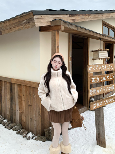 Real-shot ~ 2025 Winter Petite-Figure Faux Fur & Mink Blend Short Chic Fur Coat with Stand Collar