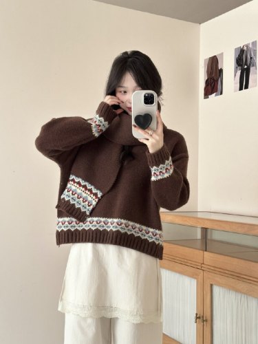 Hand-painted Christmas New Year Red Scarf Sweater Autumn Winter Lazy Style Embroidered Contrast Color Loose Slimming Knit Top