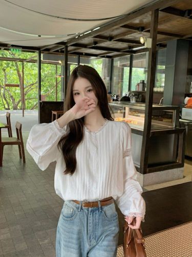 Photographed! French lace trim round neck versatile long sleeve women's elegant temperament beautiful women's shirt