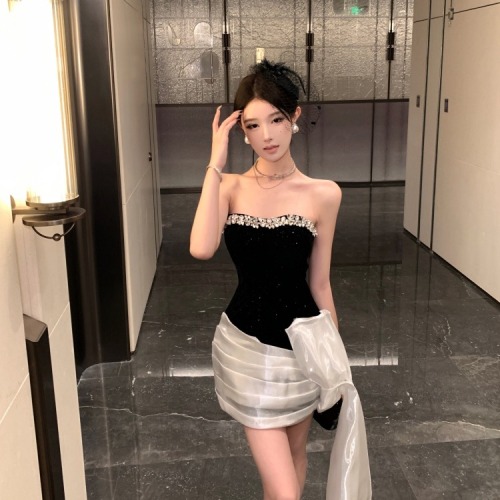 Real-shot, luxe yet understated waist-defined, contrasting-color, finely shimmering velvet tube dress—sheath-style with tie-up details for a sleek, figure-flattering fit.