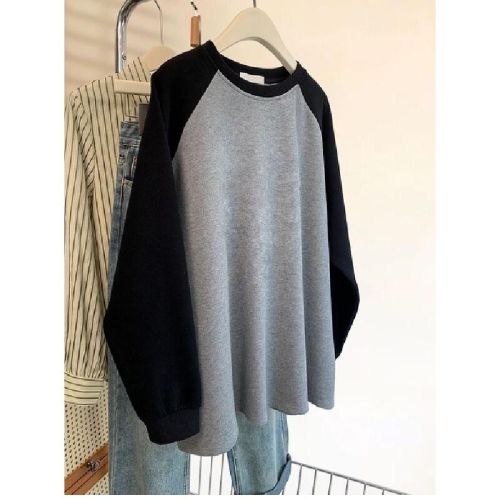 Women's Autumn Color Block Splicing Long Sleeve T-Shirt with Deboner and Padded Shoulder, Large Size 300 Lbs