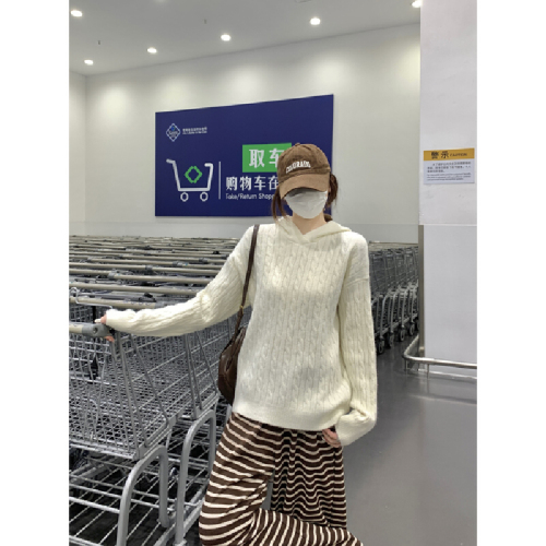 Photo-realistic Korean-style soft and loose fluffy cabled hooded knitted sweater, thick sweater, inner layer top