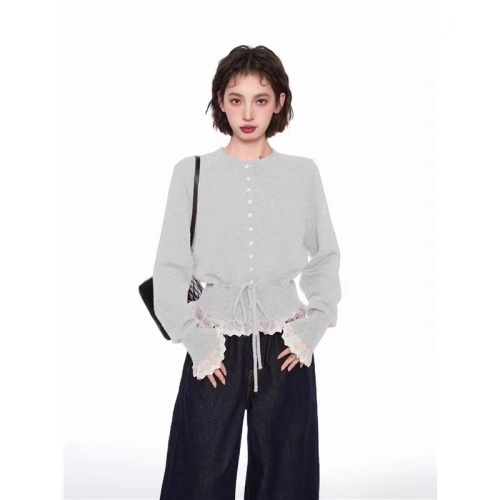 Sweetness Full Marks~ Sweet Floral Edge Buttoned Drawstring Knit Sweater for Women Early Spring Round Neck Long Sleeve Cardigan