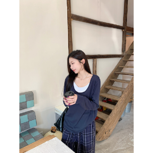 Real-shot Autumn/Winter Korean-style Faux Two-Piece Lazy-Style Loose Contrast-Colored U-Neck Versatile Long-Sleeve Base T-Shirt Top for Women