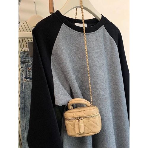 Women's Autumn Color Block Splicing Long Sleeve T-Shirt with Deboner and Padded Shoulder, Large Size 300 Lbs