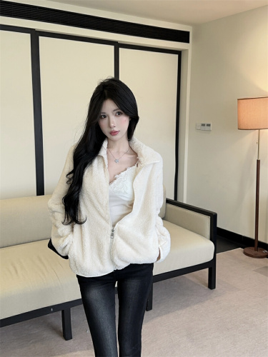 Photographed~ New Winter Solid Color Thick Zipper Warm & Slimming Stand Collar Lamb Wool Fleece Short Jacket