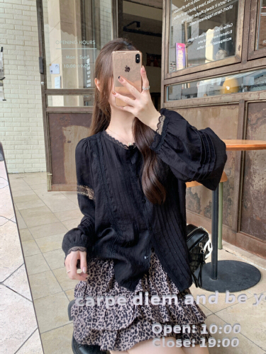 Photographed! French lace edge round neck versatile long sleeve women's elegant temperament beautiful woman's blouse