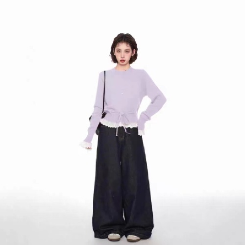 Sweetness Full Marks~ Sweet Floral Edge Buttoned Drawstring Knit Sweater for Women Early Spring Round Neck Long Sleeve Cardigan