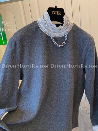 Japanese and Korean Autumn/Winter Lace Embroidered Plush T-Shirt New Plus Size Women's French Style Pseudo Two-Piece Base Shirt for Women