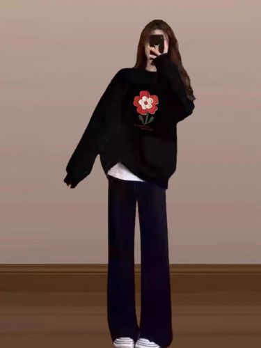 Cotton-Blend Hua Mian CVC Ribbed Round Neck Printed Sweatshirt for Women and Men Couples Regular Thickenable