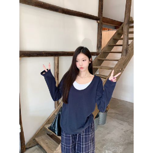 Real-shot Autumn/Winter Korean-style Faux Two-Piece Lazy-Style Loose Contrast-Colored U-Neck Versatile Long-Sleeve Base T-Shirt Top for Women