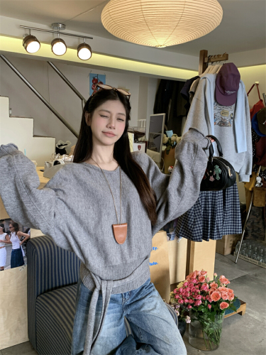 Photographed True Lazy V-neck Casual Strap Design Long-sleeved Loose Knit Top Short-sleeved Women's Shirt