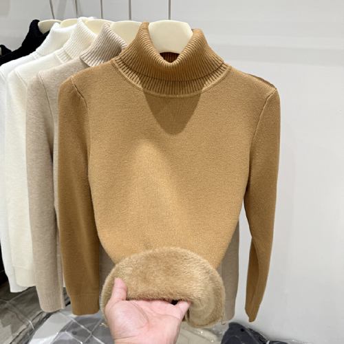 Sijiqing 2025 Autumn/Winter New Arrival Basic High-Neck Fleece-Integrated Long-Sleeve Knitwear for Women – Simple, Thickened Base Layer